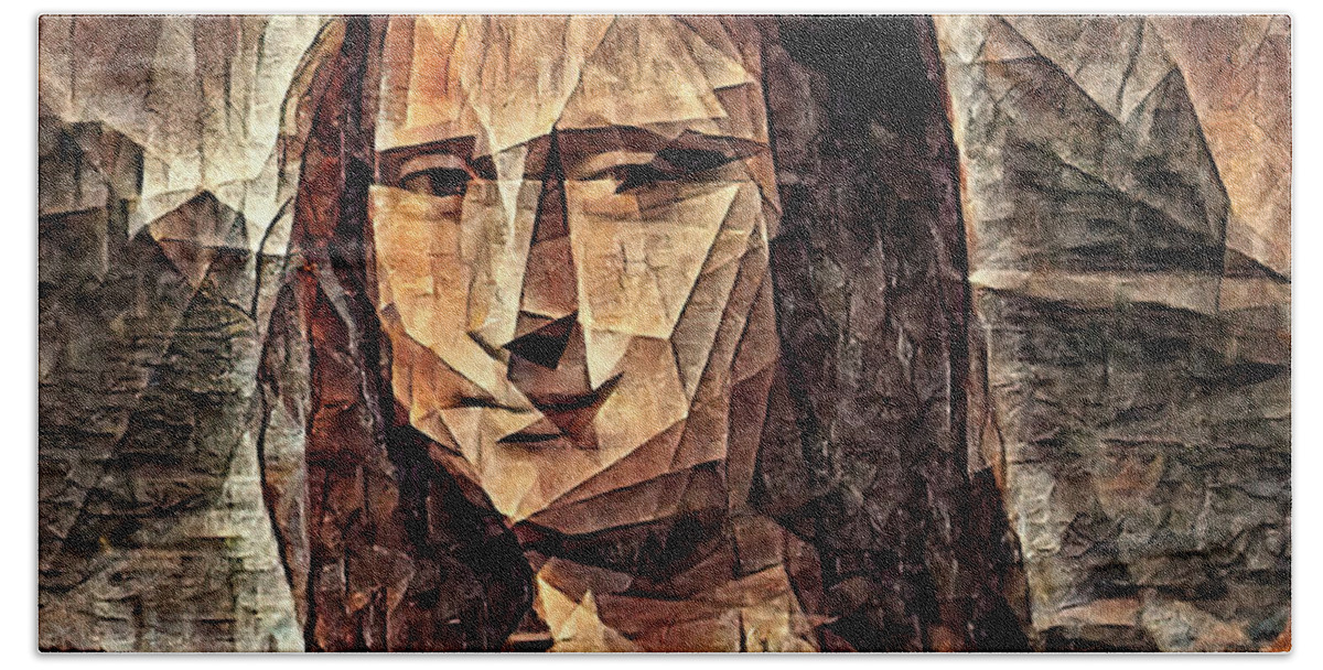 Mona Lisa Bath Towel featuring the digital art Mona Lisa in the cubist style with big triangular shapes - digital recreation by Nicko Prints