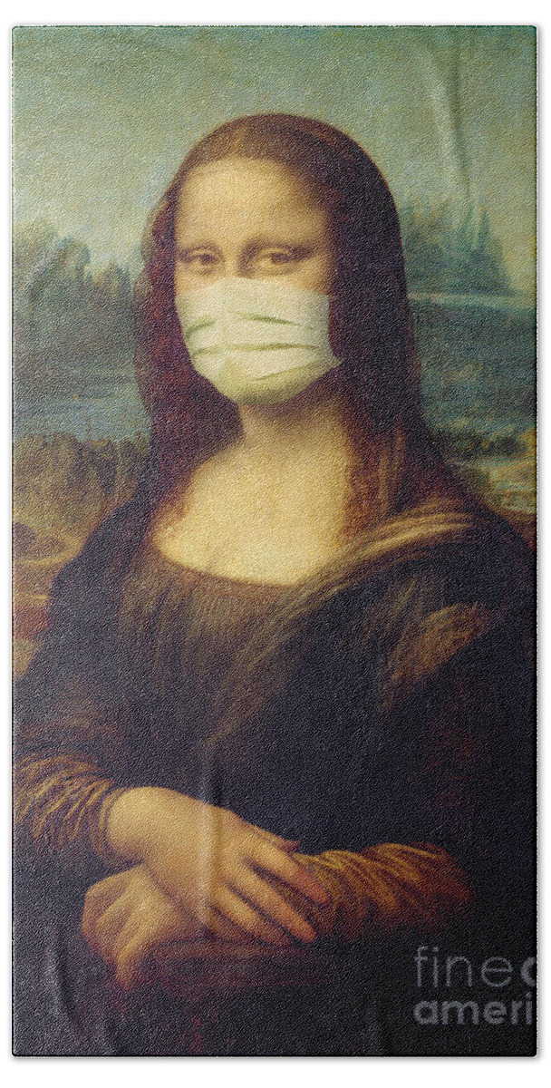 Mona Lisa Bath Sheet featuring the painting Mona Lisa wearing a mask by Delphimages Photo Creations