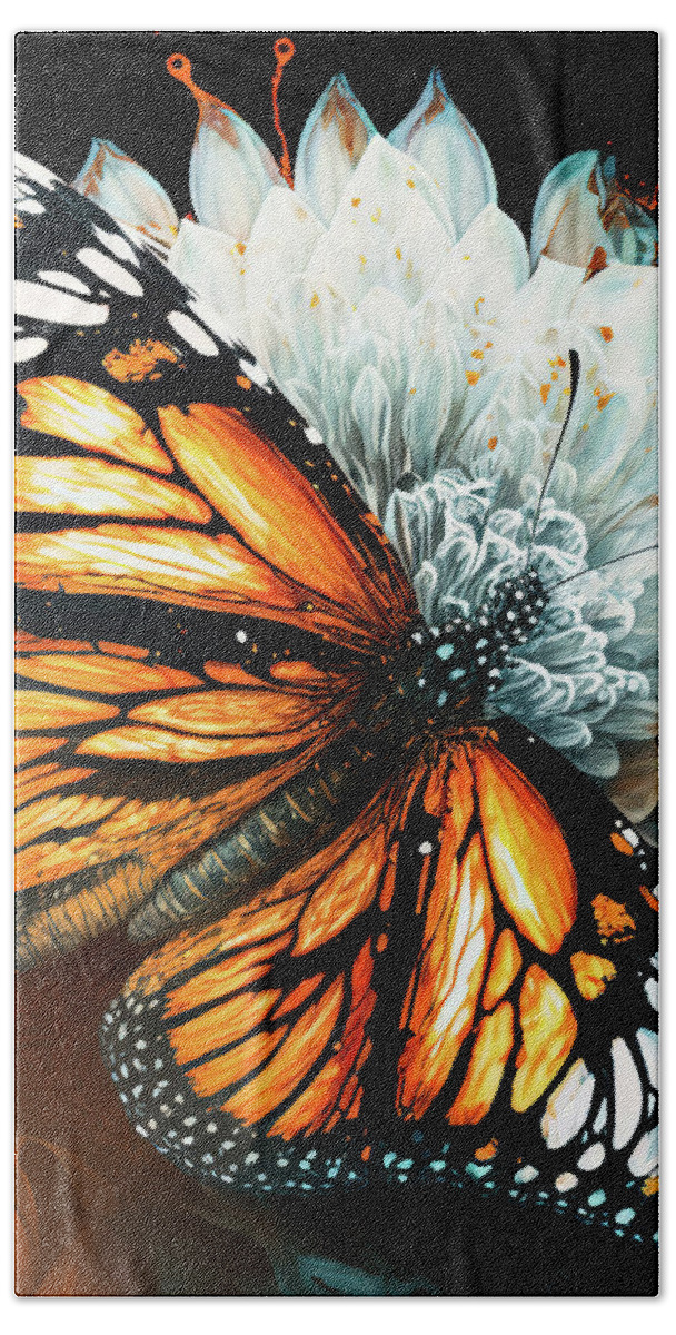 Monarch Butterfly Hand Towel featuring the painting Monarch Dahlia Explosion by Tina LeCour