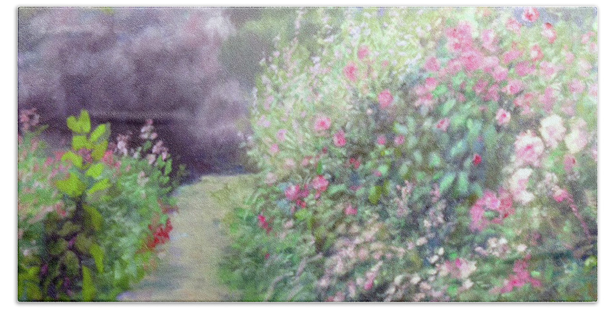 Monet Garden Bath Towel featuring the painting Monet's Garden Morning by Diane Martens