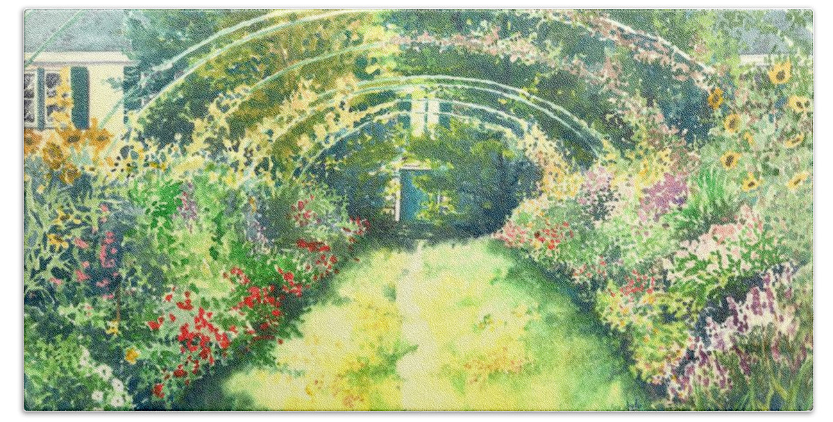 Autumn Bath Towel featuring the painting Monet's Garden Walkway by Merana Cadorette