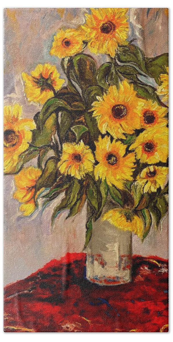 Sunflowers Bath Towel featuring the painting Monets Sunflowers by Anitra by Anitra Handley-Boyt