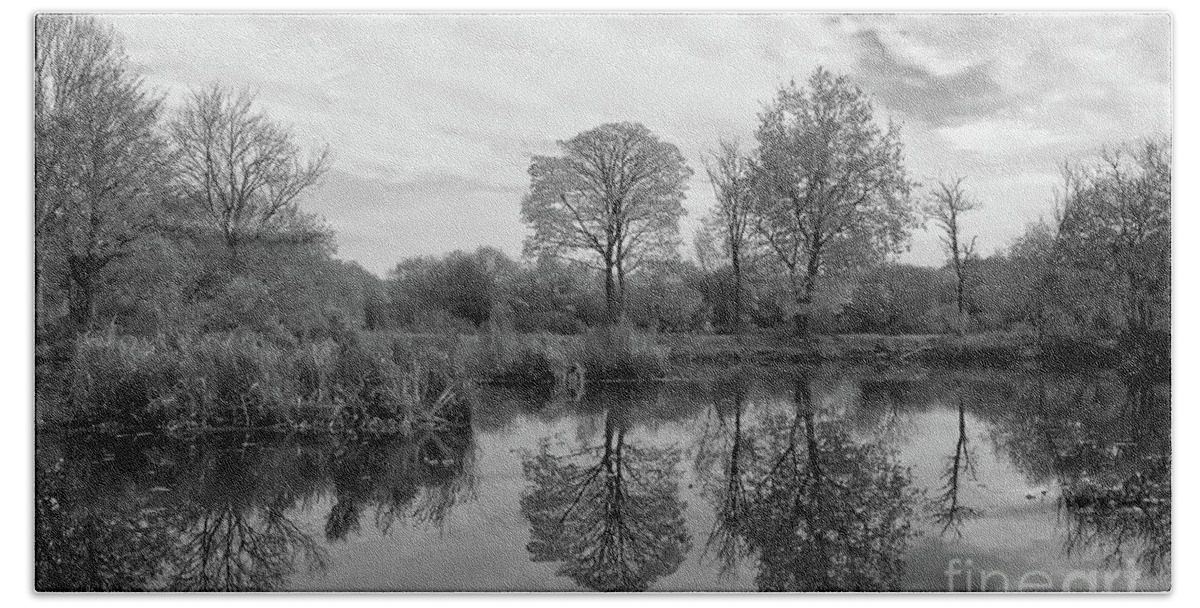 Lake Bath Towel featuring the photograph Monochrome lake in Alkington Woods, UK by Pics By Tony