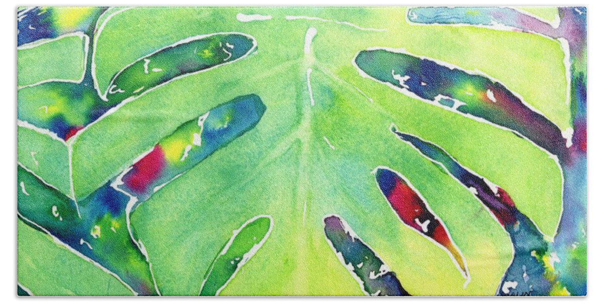 Leaf Bath Towel featuring the painting Monstera Tropical Leaves 1 by Carlin Blahnik CarlinArtWatercolor