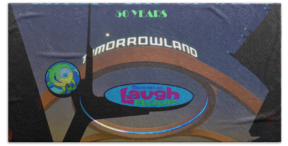 Tomorrowland Bath Towel featuring the mixed media Monsters, Inc WDW 50th anniversary work A by David Lee Thompson