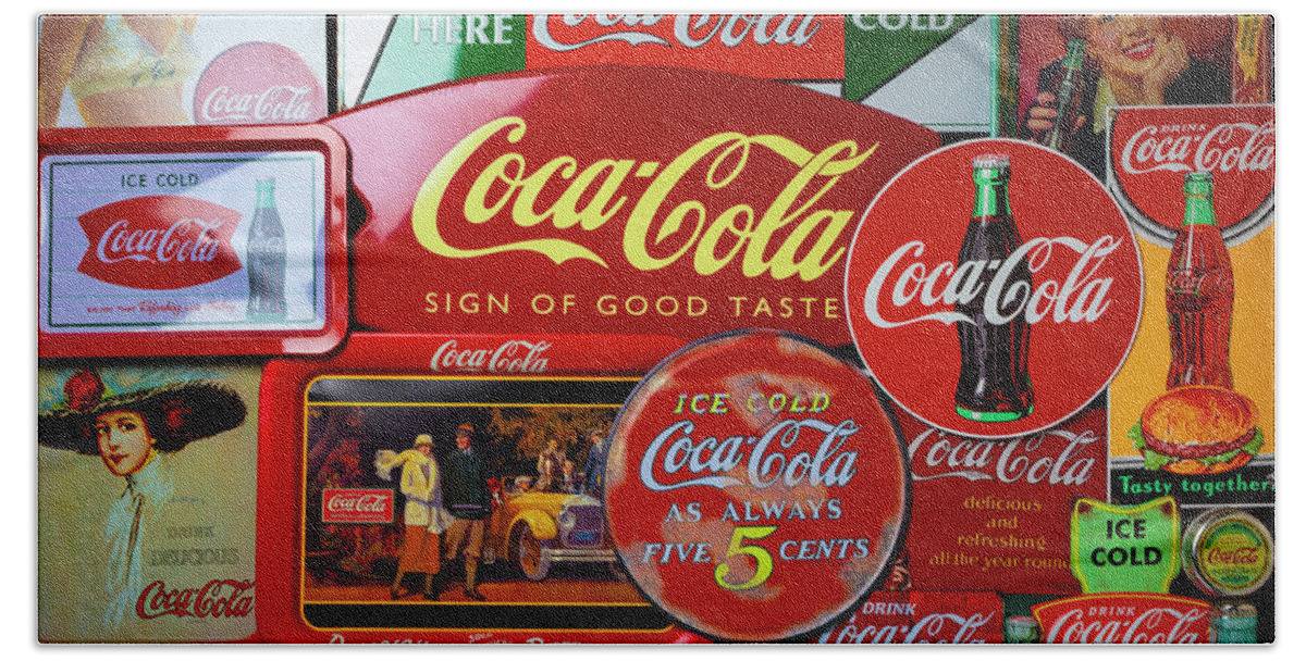 Montage Bath Towel featuring the photograph Montage Of Coke Cola Signs by Garry Gay