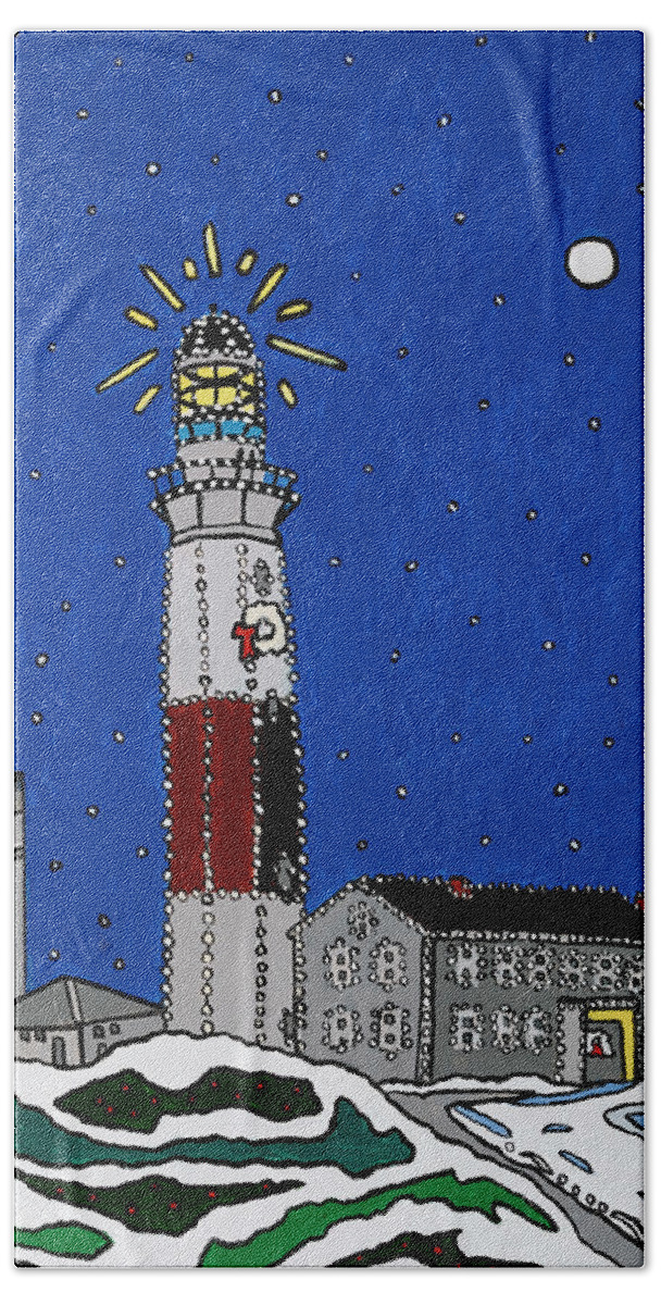 Montauk Lighthouse Christmas Bath Towel featuring the painting Montauk Christmas Lights by Mike Stanko