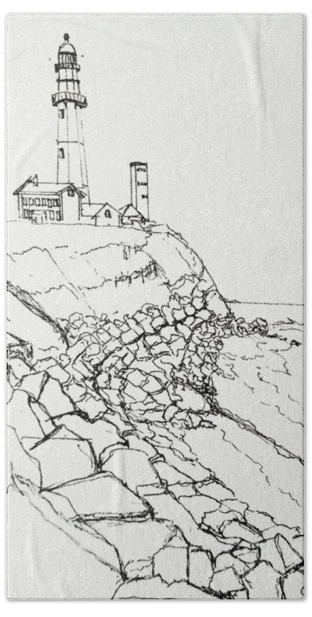 Montauk Bath Towel featuring the drawing Montauk Lighthouse Full View by Eileen Kelly