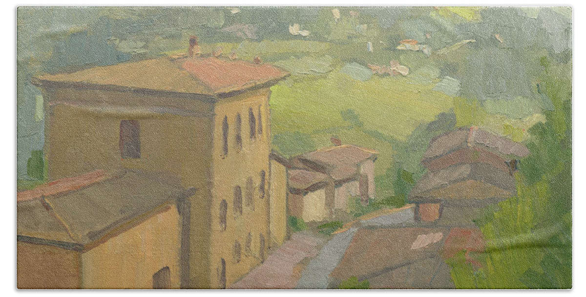 Montepulciano Bath Towel featuring the painting Montepulciano evening - Montepulciano, Italy by Paul Strahm