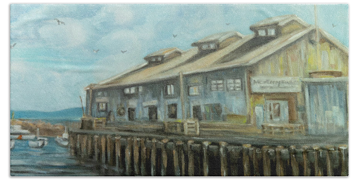 Municiple Wharf Hand Towel featuring the painting Monterey Wharf by Brett Hardin