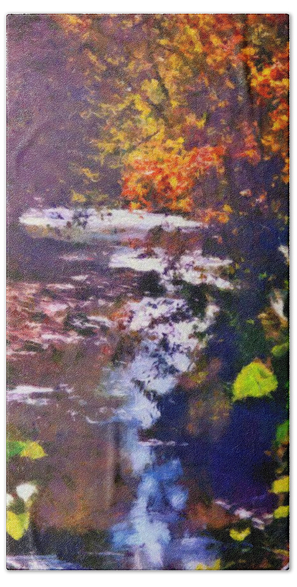 Montour Creek Bath Towel featuring the mixed media Montour Creek in the 1990s by Christopher Reed