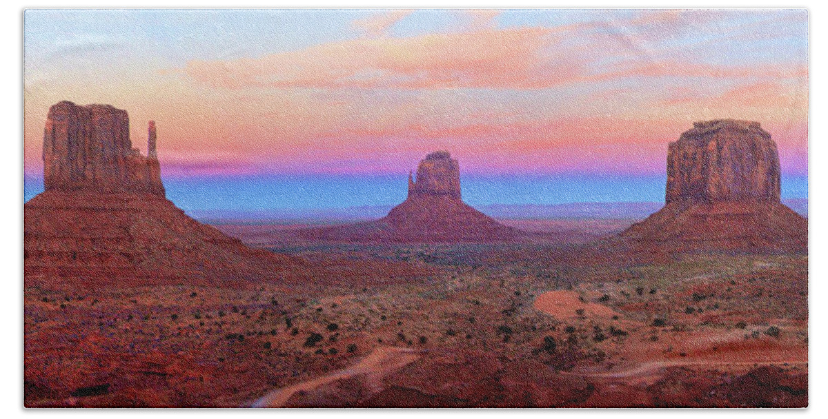 Desert Bath Towel featuring the photograph Monument Valley Just After Dark 2 by Mike McGlothlen
