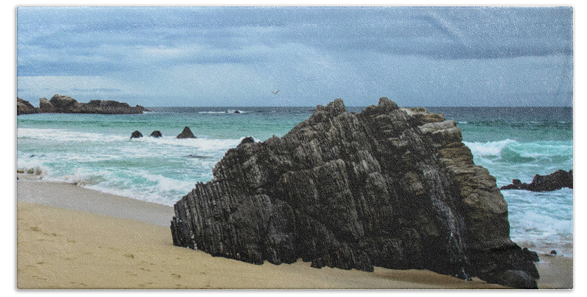 Big Sur Hand Towel featuring the photograph Moody Beach Sky with Rock by Matthew DeGrushe