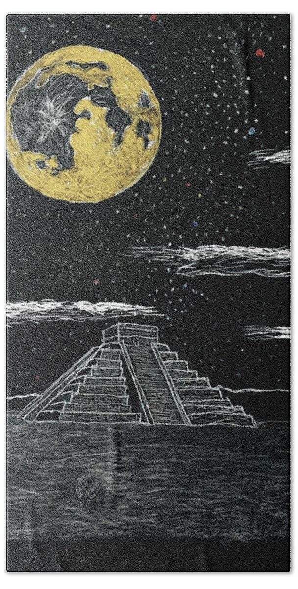 Mayan Bath Towel featuring the drawing Moon over Chichen Itzu by Branwen Drew