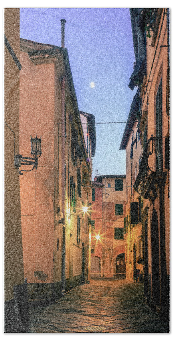 Europe Bath Towel featuring the photograph Moon over old Lucca by Alexey Stiop