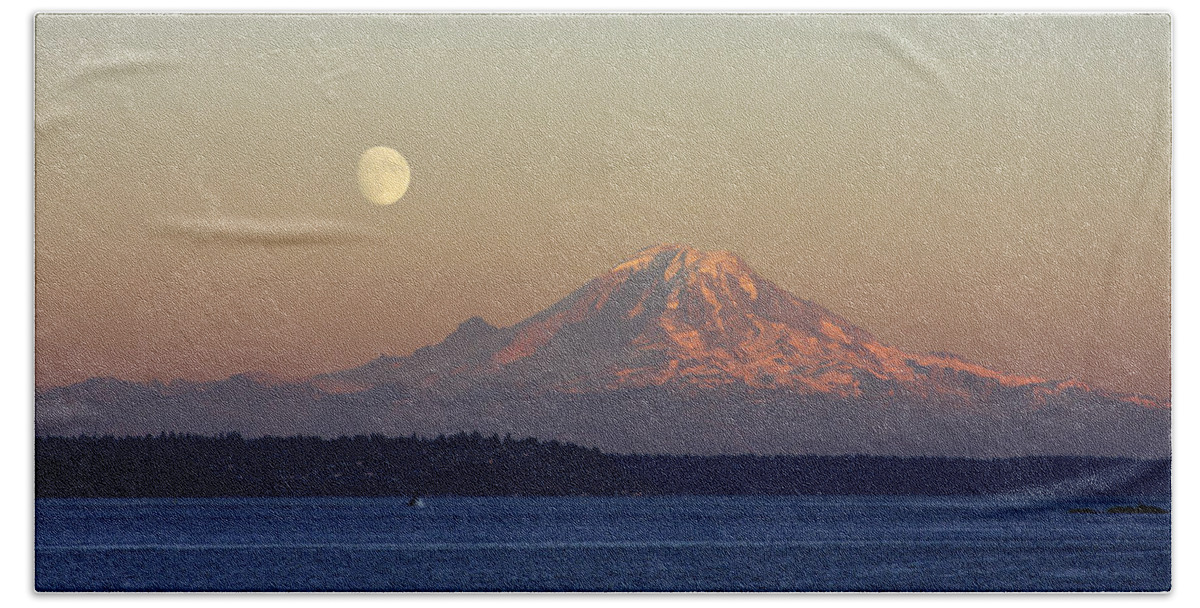 3scape Hand Towel featuring the photograph Moon Over Rainier by Adam Romanowicz