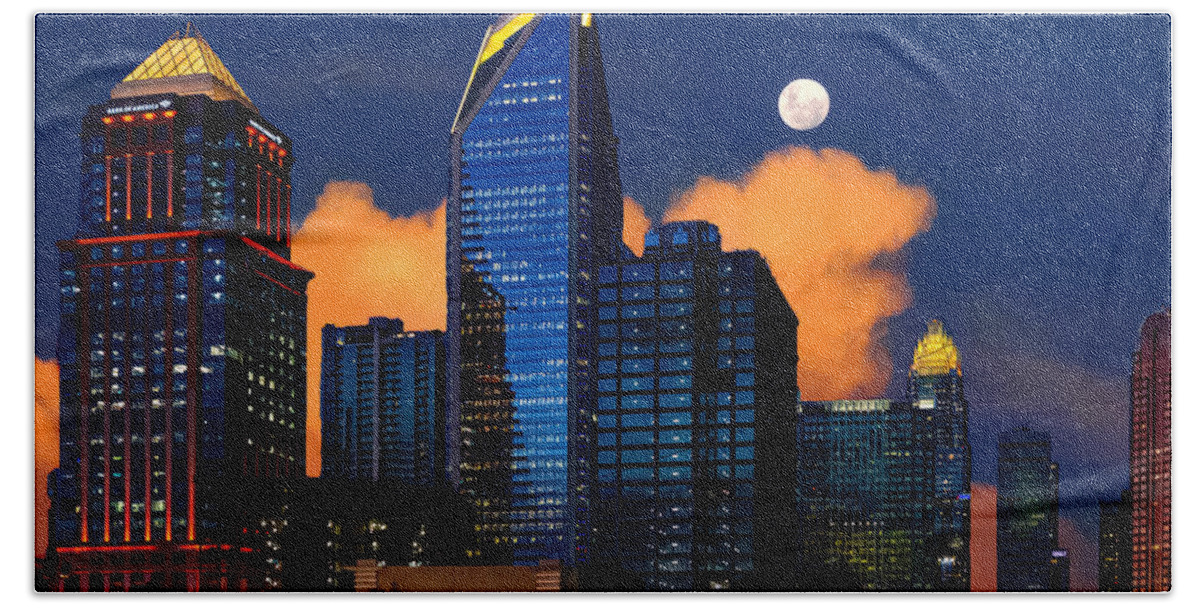 Charlotte Bath Towel featuring the digital art Moon over Uptown Charlotte by SnapHappy Photos