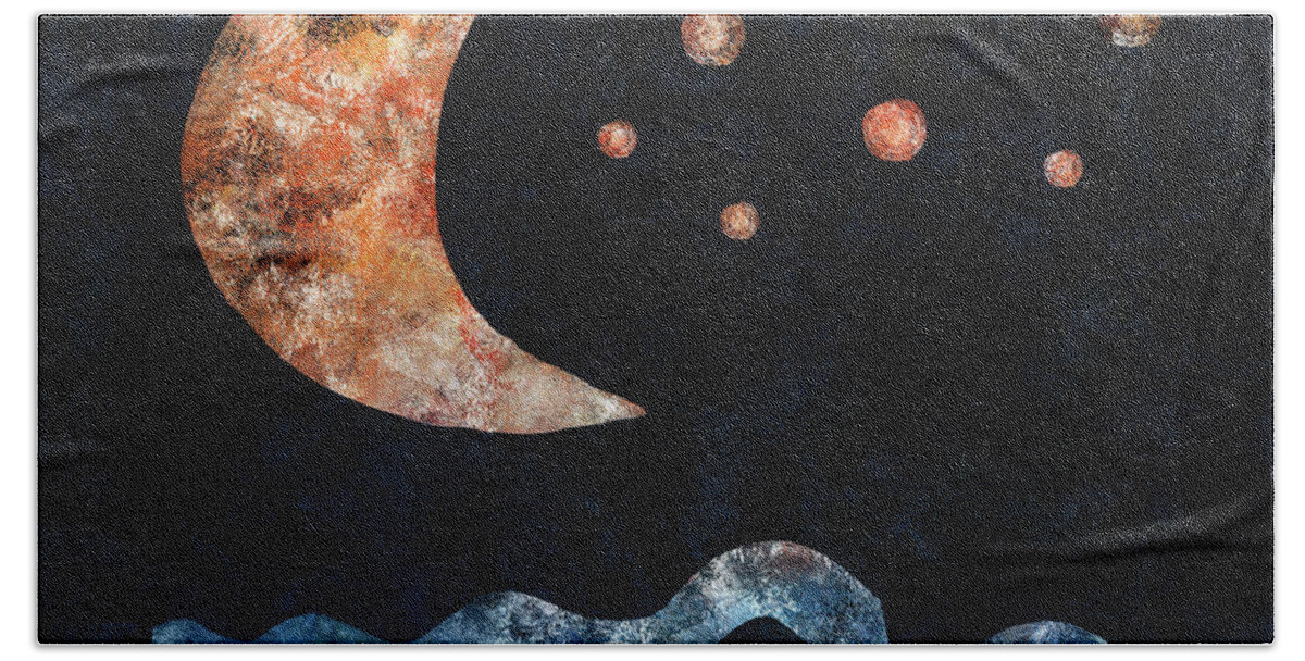 Abstract Hand Towel featuring the digital art Moon, Stars And Water by Irene Moriarty