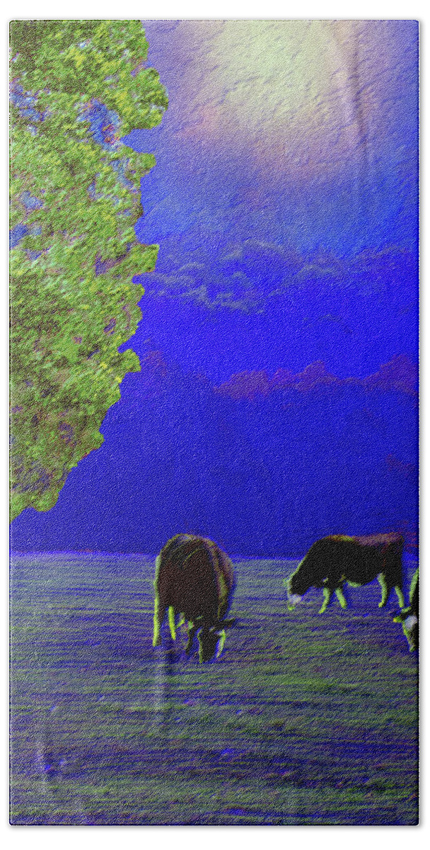 Cows Bath Towel featuring the painting Moonlight Grazing by Michele Avanti