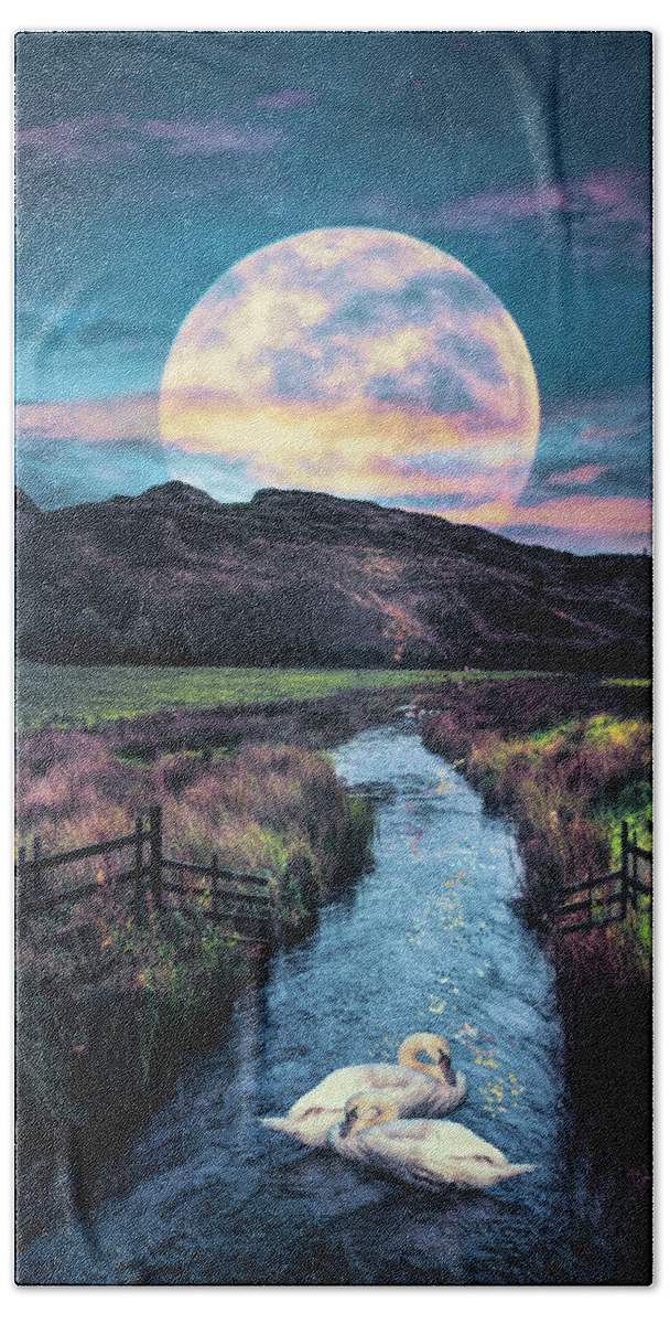 Birds Bath Towel featuring the photograph Moonlight on the Swans II at Nightfall by Debra and Dave Vanderlaan