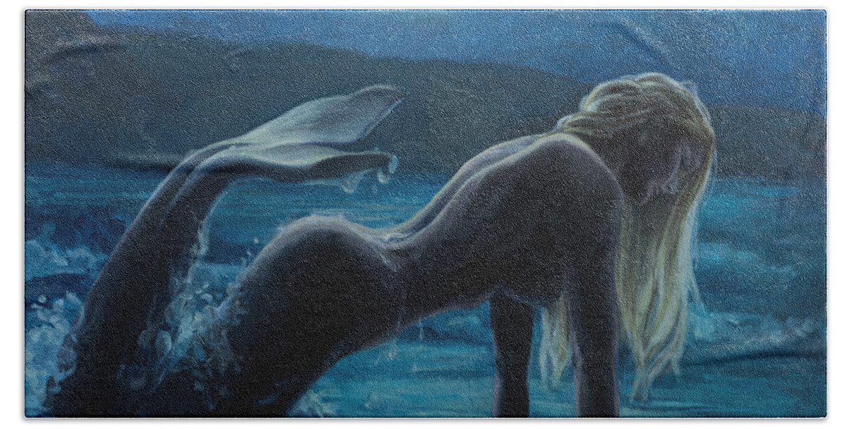 Mermaid Hand Towel featuring the painting Moonlight shadow by Marco Busoni
