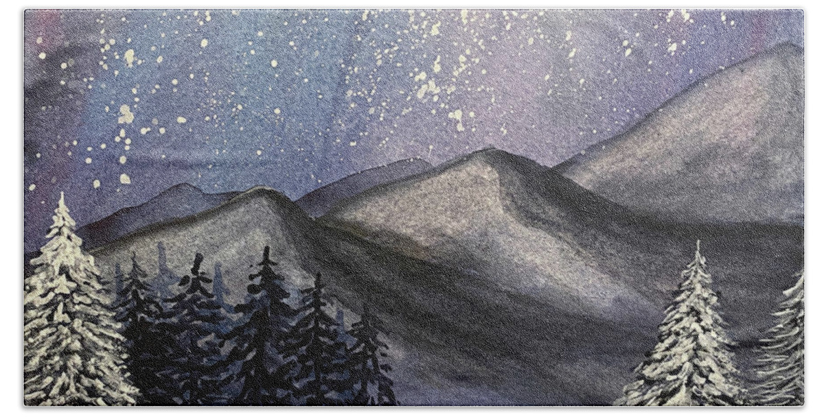 Mountains Bath Towel featuring the painting Moonlit Mountains by Lisa Neuman