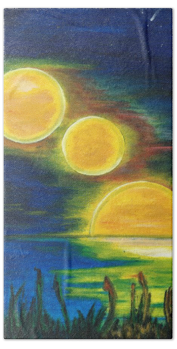 Night Sky Hand Towel featuring the painting Moons Alighting by Esoteric Gardens KN