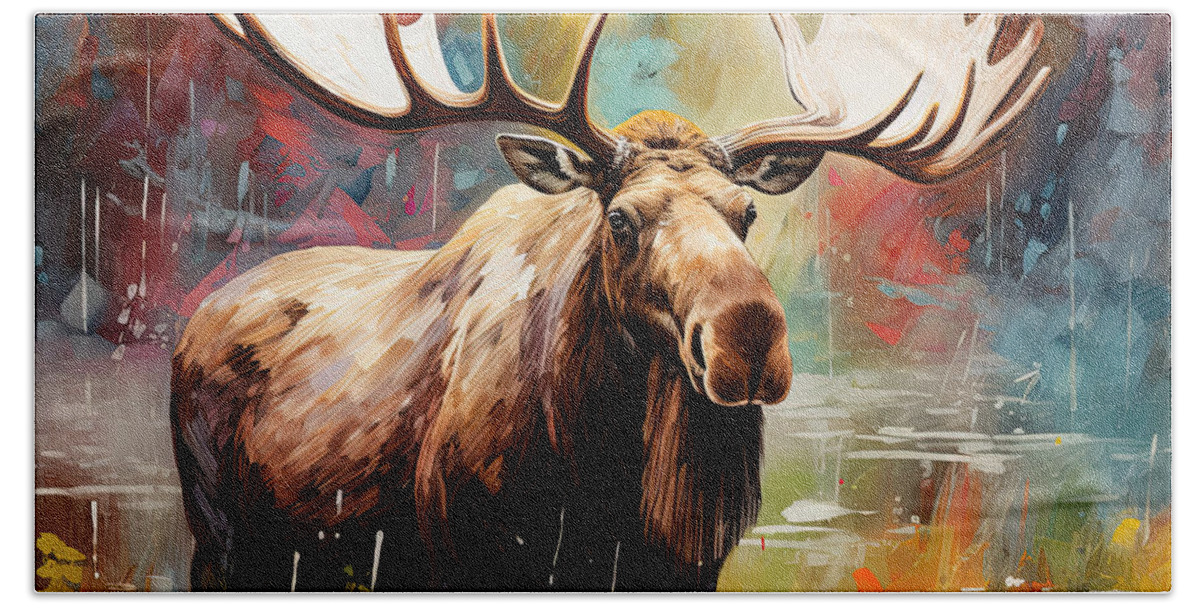Moose Hand Towel featuring the painting Moose Solitude by Lourry Legarde