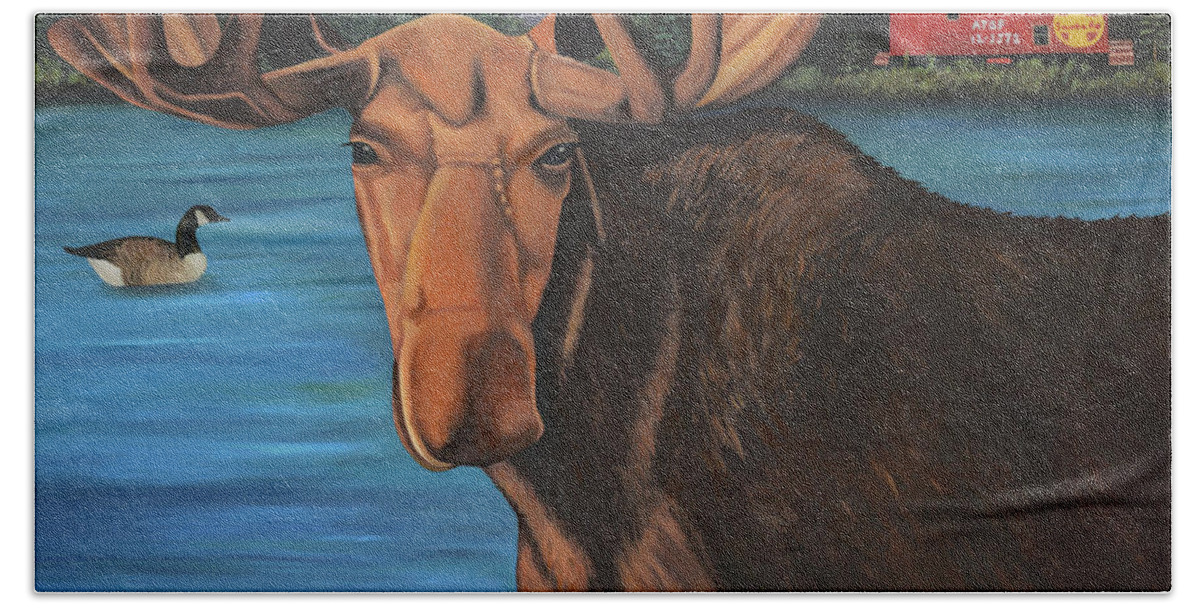 Moose Bath Towel featuring the painting Moose With A Goose and A Red Caboose by Leah Saulnier The Painting Maniac