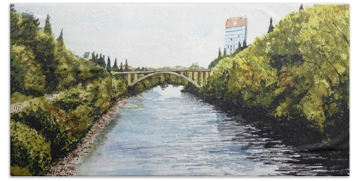 Podgorica Bath Towel featuring the painting Moraca River in Podgorica Montenegro by Francisco Gutierrez