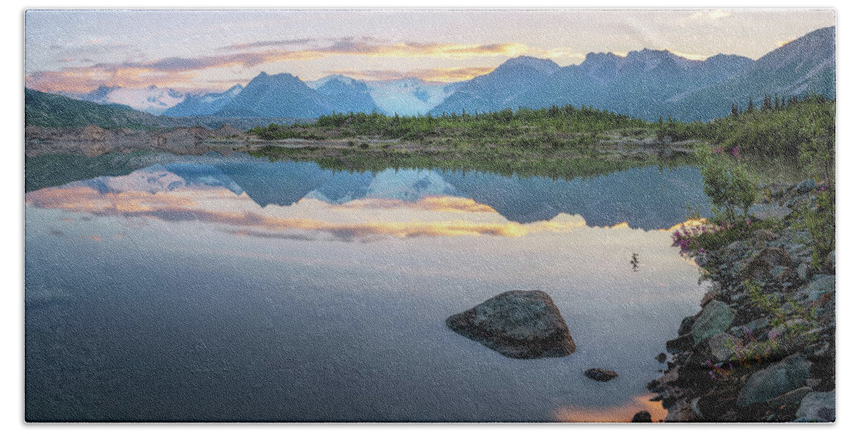 Alaska Bath Towel featuring the photograph Morning at Wrangell Mountains with the water reflection by Alex Mironyuk