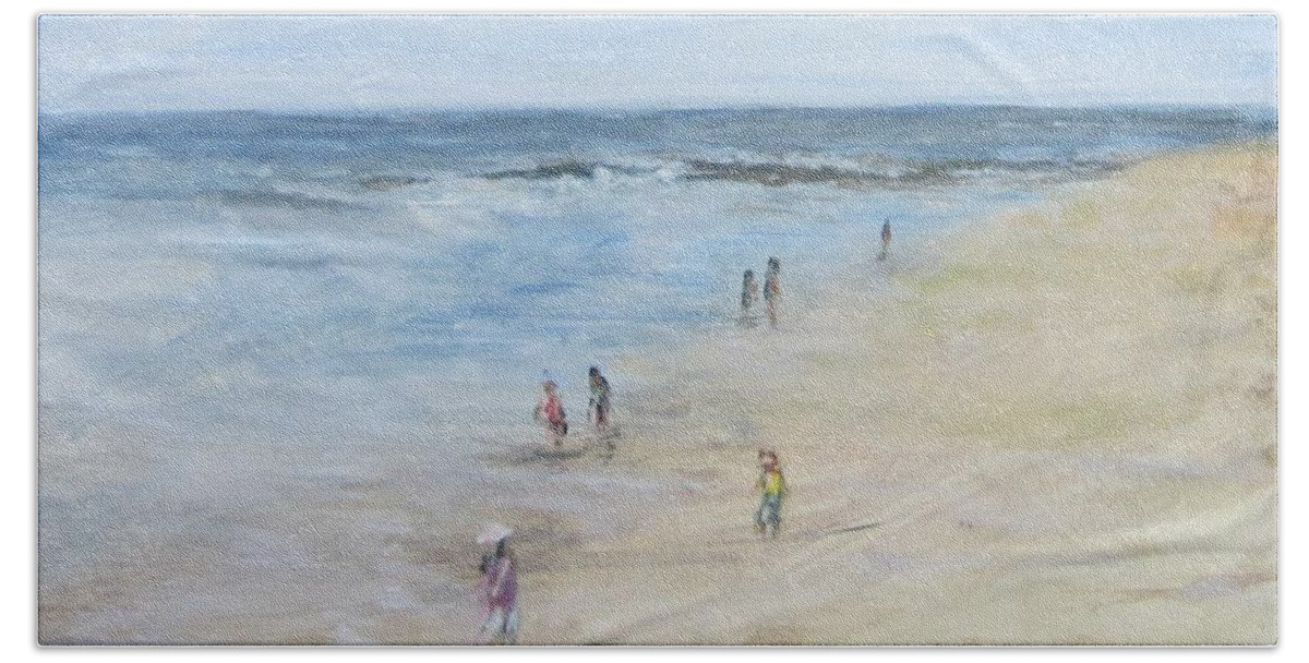 Painting Bath Towel featuring the painting Morning Beach Crowd by Paula Pagliughi