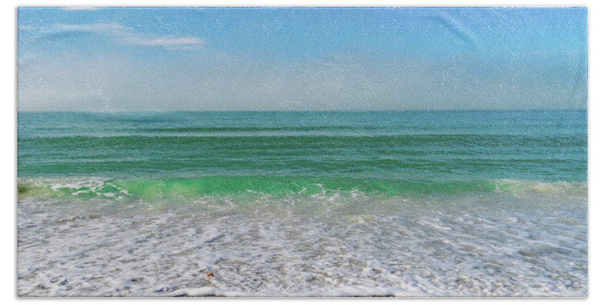 Color Image  Horizontal  St Pete Beach ×overcast ×morning ×beach ×gulf Of Mexico ×sand ×tranquility ×sea ×seascape ×florida - Usa State × ×water ×photography ×seagull ×no People ×scenics - Nature ×coastline ×sky ×nature ×cloud - Sky ×travel ×travel Destinations × Hand Towel featuring the photograph Morning Beach Wave by Marian Tagliarino