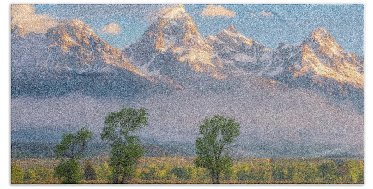 Tetons Hand Towel featuring the photograph Morning Fog in the Tetons by Darren White
