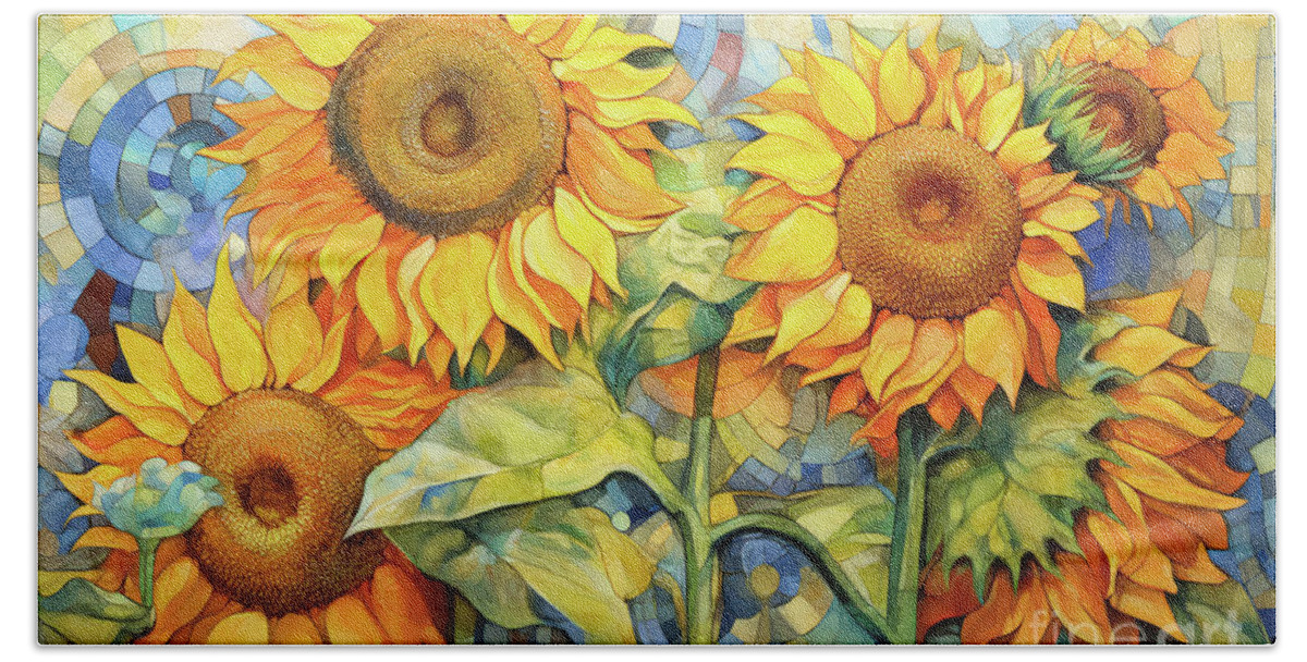 Sunflowers Bath Towel featuring the painting Morning Glory Sunflowers by Tina LeCour