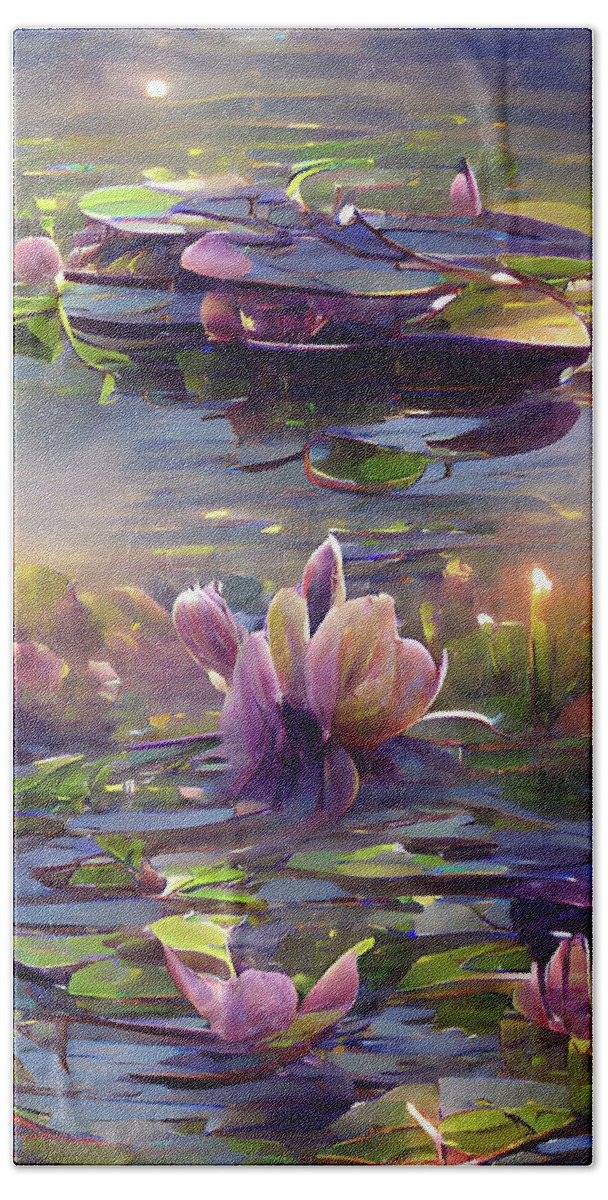 Daybreak Hand Towel featuring the digital art Morning Lilypads by Bonnie Bruno