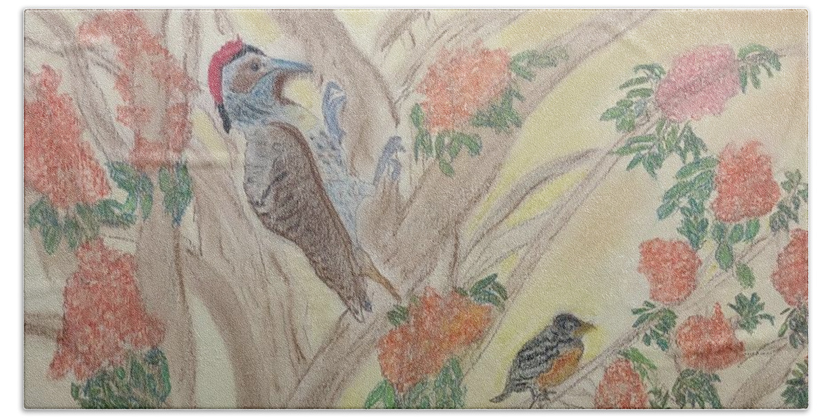 Woodpecker Bath Towel featuring the pastel Morning Sounds by Suzanne Berthier
