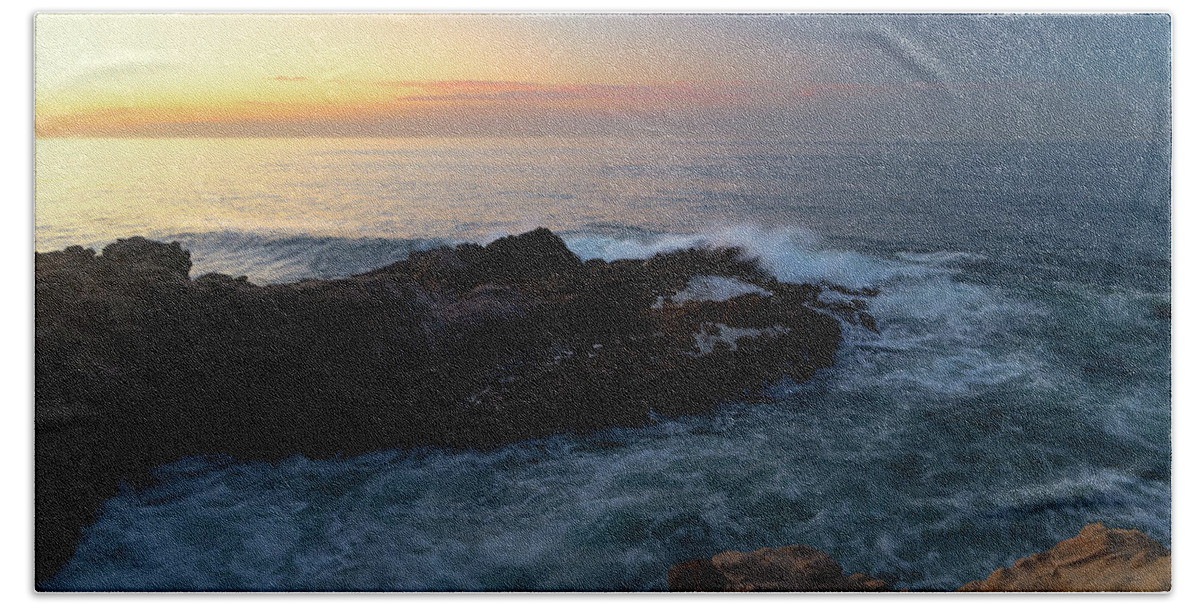 California Hand Towel featuring the photograph Morning Waves Crashing against the Rocky Point by Matthew DeGrushe