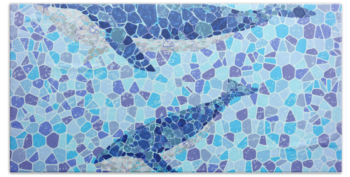 Water Hand Towel featuring the digital art Mosaic blue whales by Mounir Khalfouf