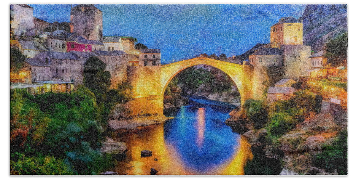 Mostar Bridge Bath Towel featuring the digital art Mostar Bridge, Bosnia Herzegovina by Jerzy Czyz