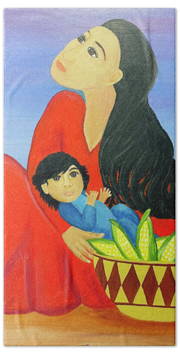 Southwestern Art Bath Towel featuring the painting Mother and Corn by Christina Wedberg