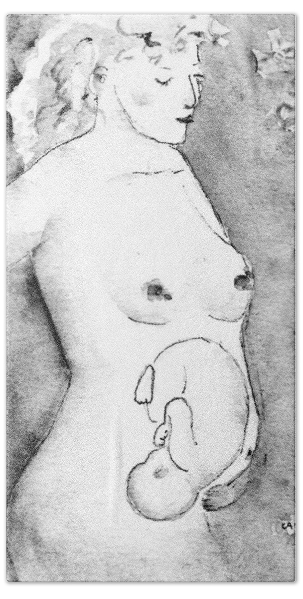 Pregnant Bath Towel featuring the painting Mother and Fetus Black and White by Carlin Blahnik CarlinArtWatercolor