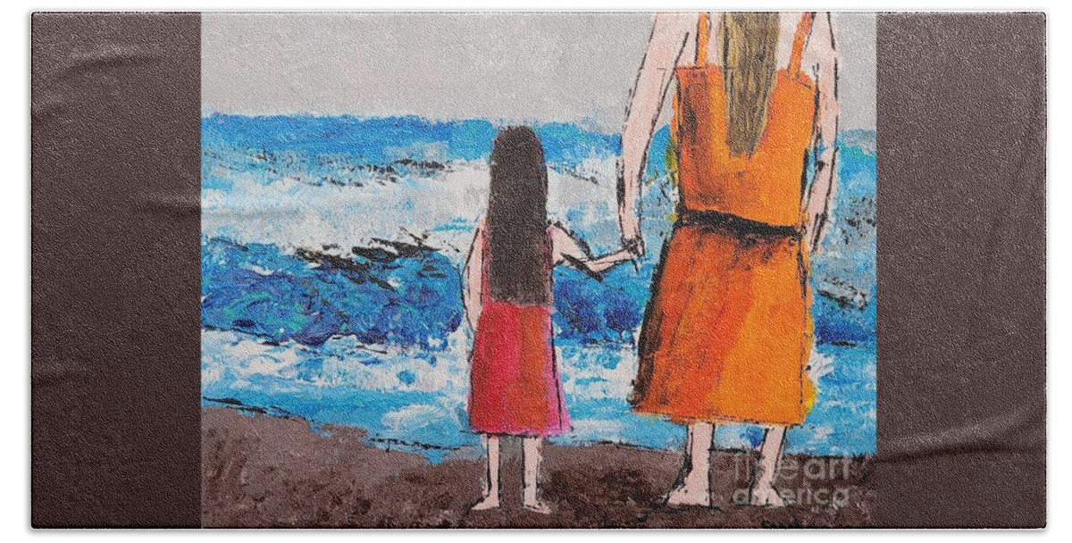  Hand Towel featuring the painting The Mother Daughter at the Beach by Mark SanSouci
