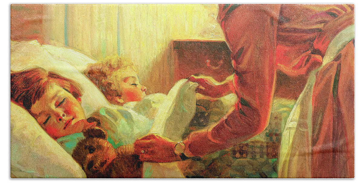 Mother Bath Towel featuring the painting Mother Tucking Children into Bed Cropped by Norman Rockwell