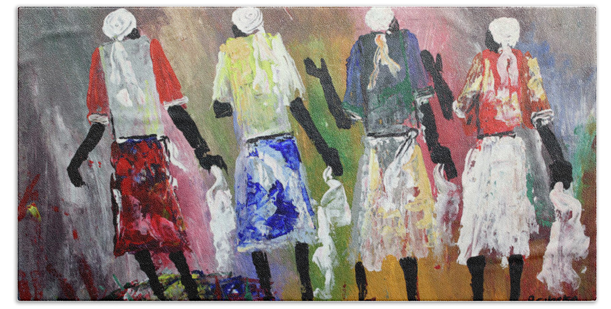 African Art Bath Towel featuring the painting Mothers Of Peace by Peter Sibeko 1940-2013