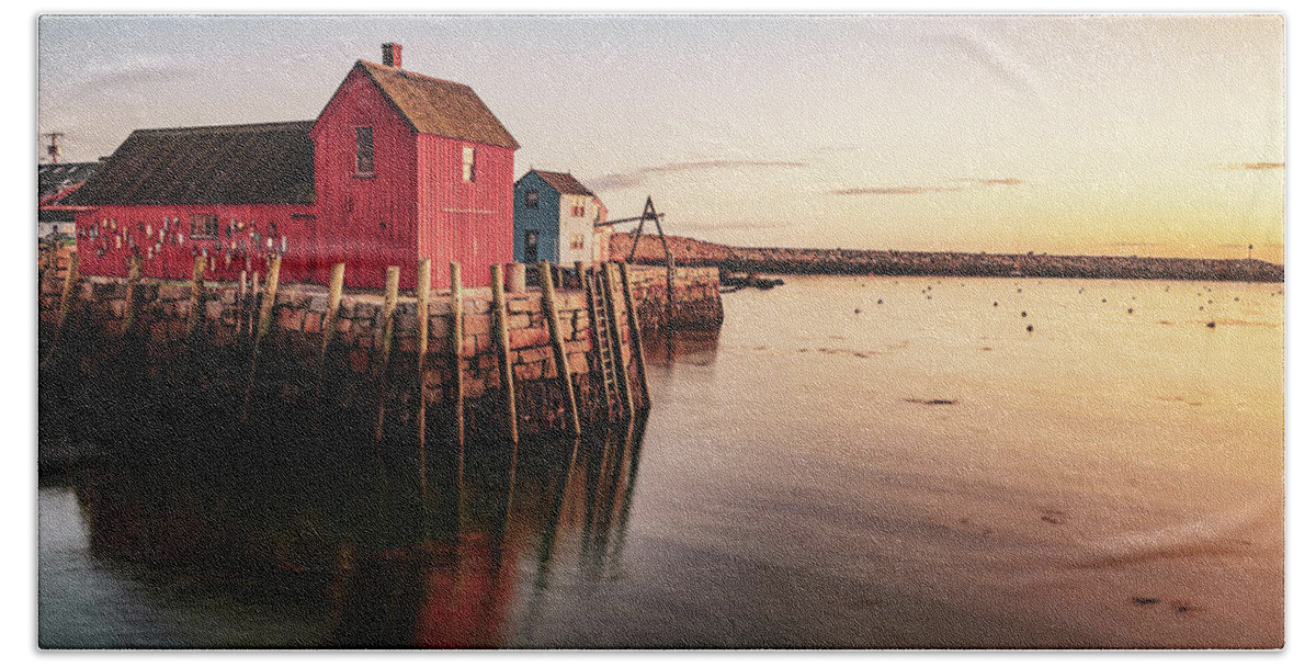 Motif 1 Hand Towel featuring the photograph Motif #1 Fishing Shack and Rockport Harbor Sunrise by Gregory Ballos