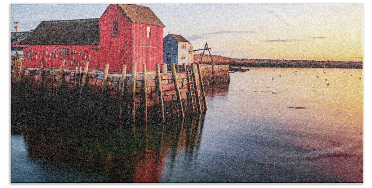 Motif 1 Hand Towel featuring the photograph Motif #1 - Rockport MA Little Red Shack at Sunrise by Gregory Ballos