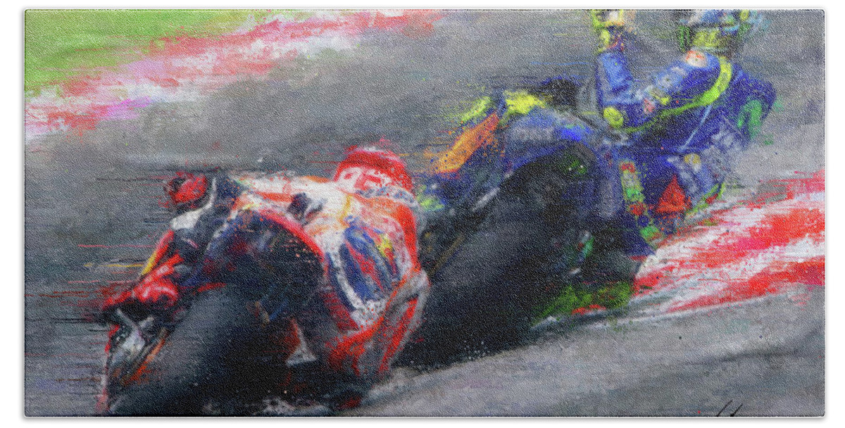 Motorcycle Bath Towel featuring the painting MOTO GP Rossi vs Marquez by Vart by Vart