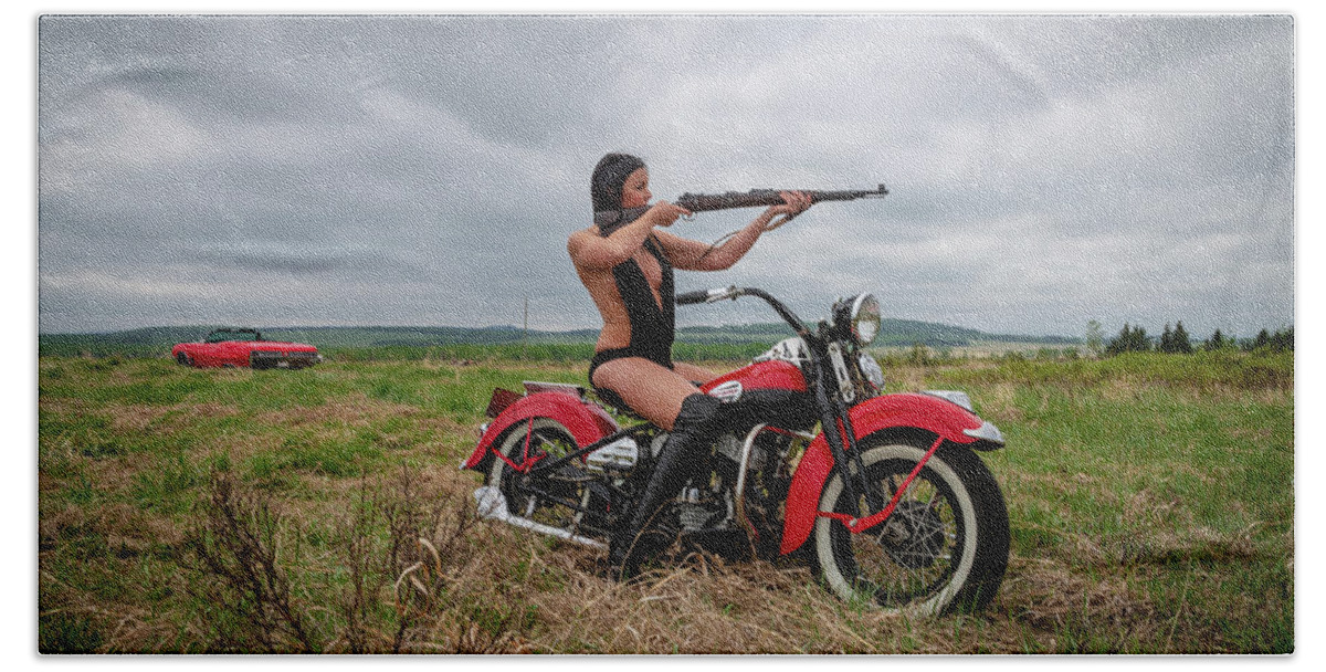 Motorcycle Bath Towel featuring the photograph Motorcycle Babe by Bill Cubitt