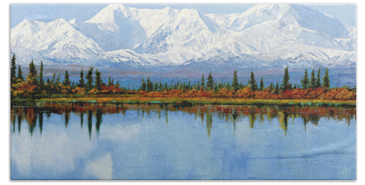 Alaska Hand Towel featuring the painting mount Denali in Alaska by Guido Borelli